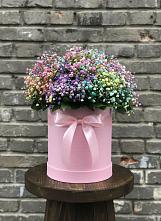Цветочная композиция из Гипсофила и Розы в шляпной коробке в Боровске