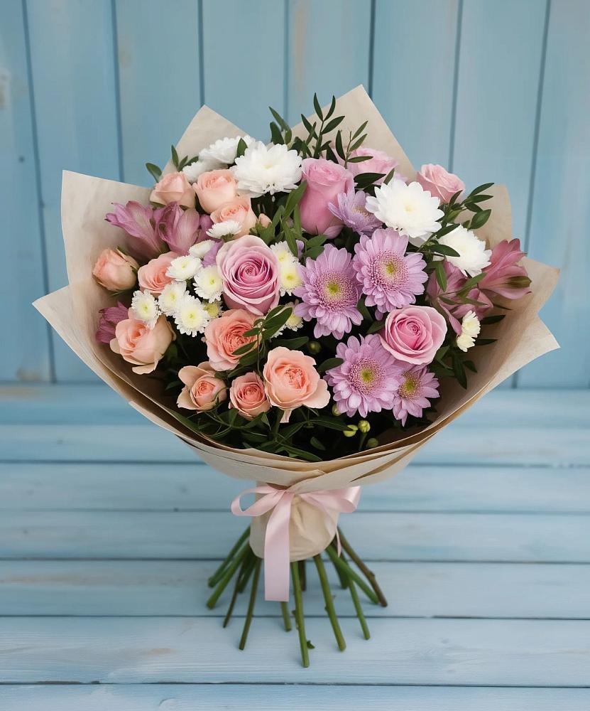 Букет цветов из: Хризантемы, Розы и Альстромерии в Боровске