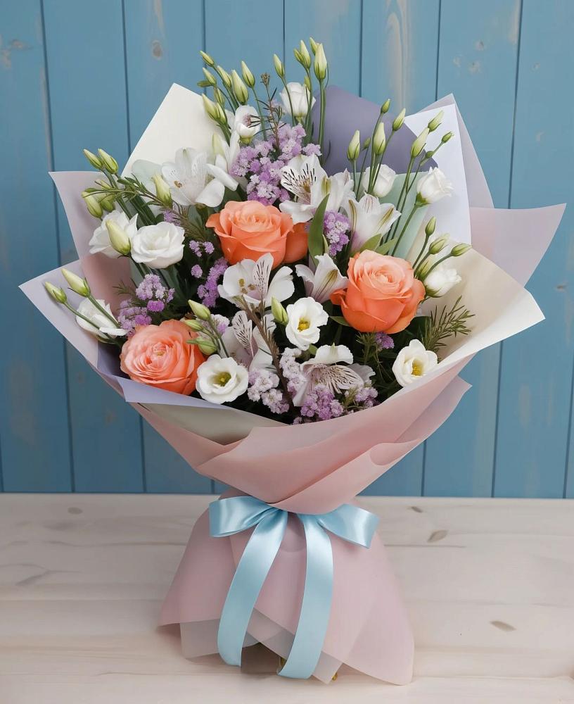 Букет цветов из: Лизиантусы, Розы, Альстромерии и Гипсофила в Боровске