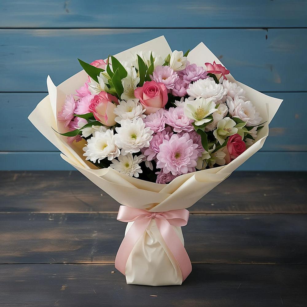 Букет цветов из: Хризантемы, Альстромерии и Розы в Боровске